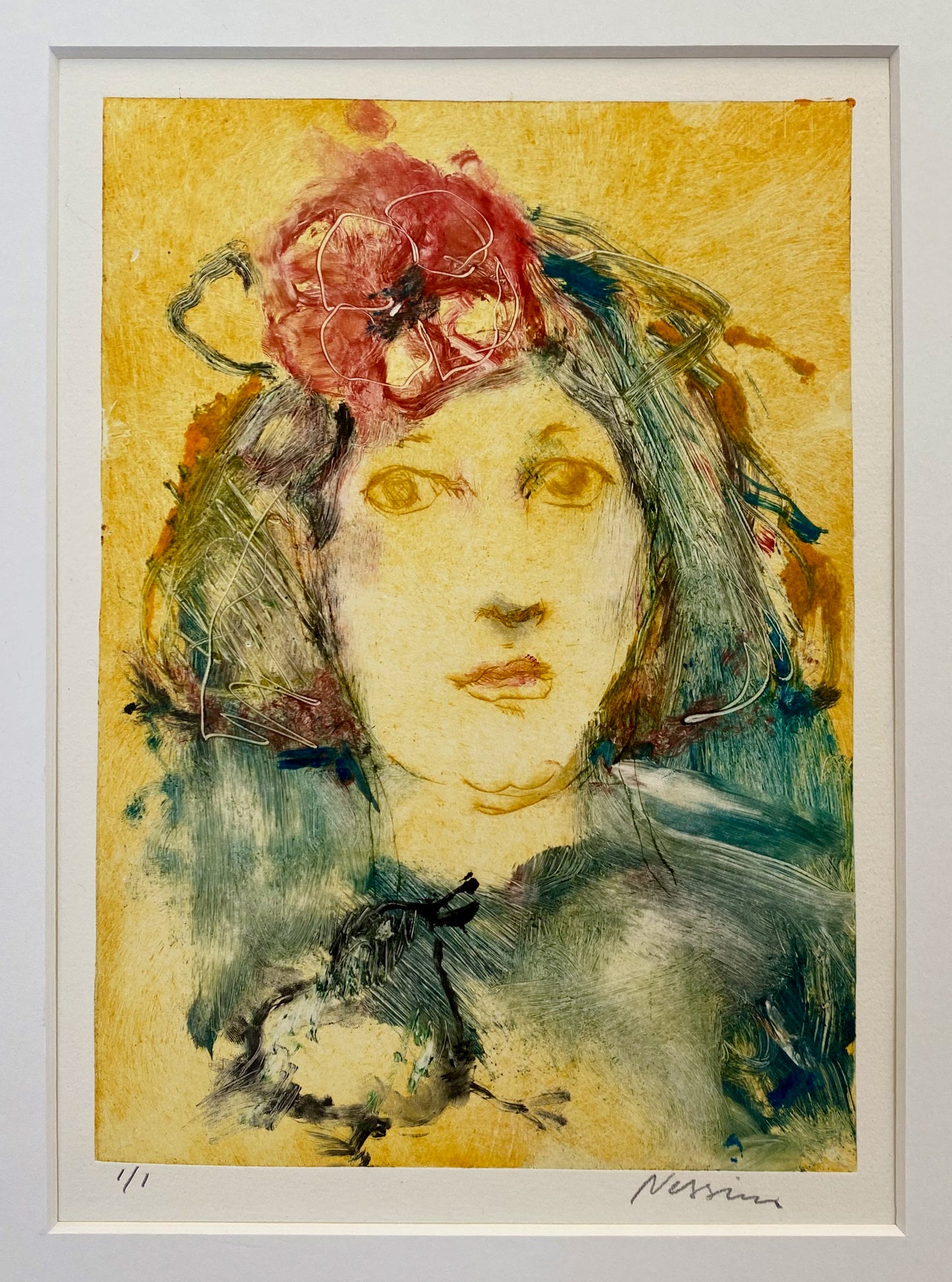 Suzanne Nessim - Flicka med föränderlig huvudbonad I, torrnål, monotypi