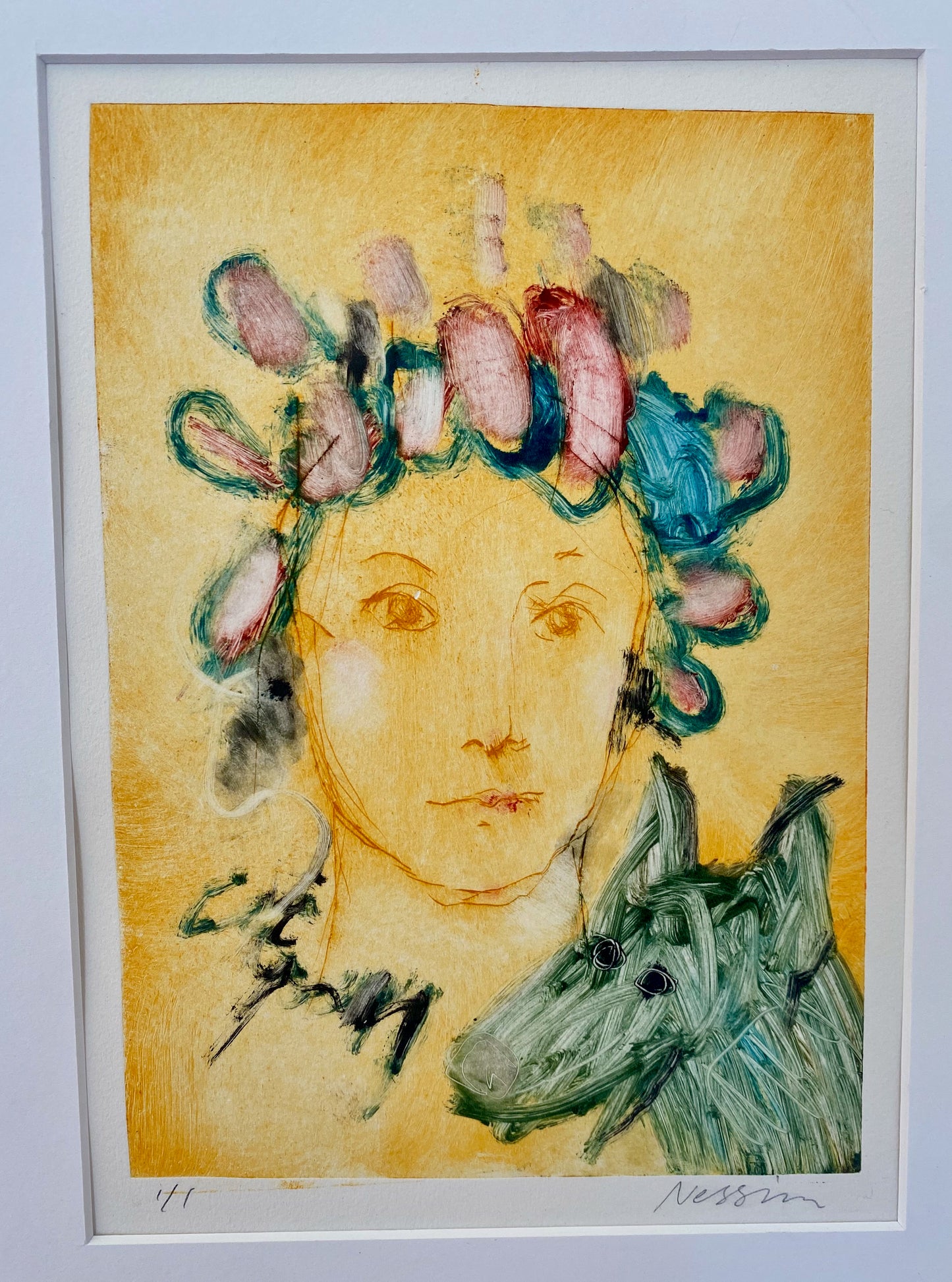 Suzanne Nessim - Flicka med föränderlig huvudbonad IV, torrnål och monotypi