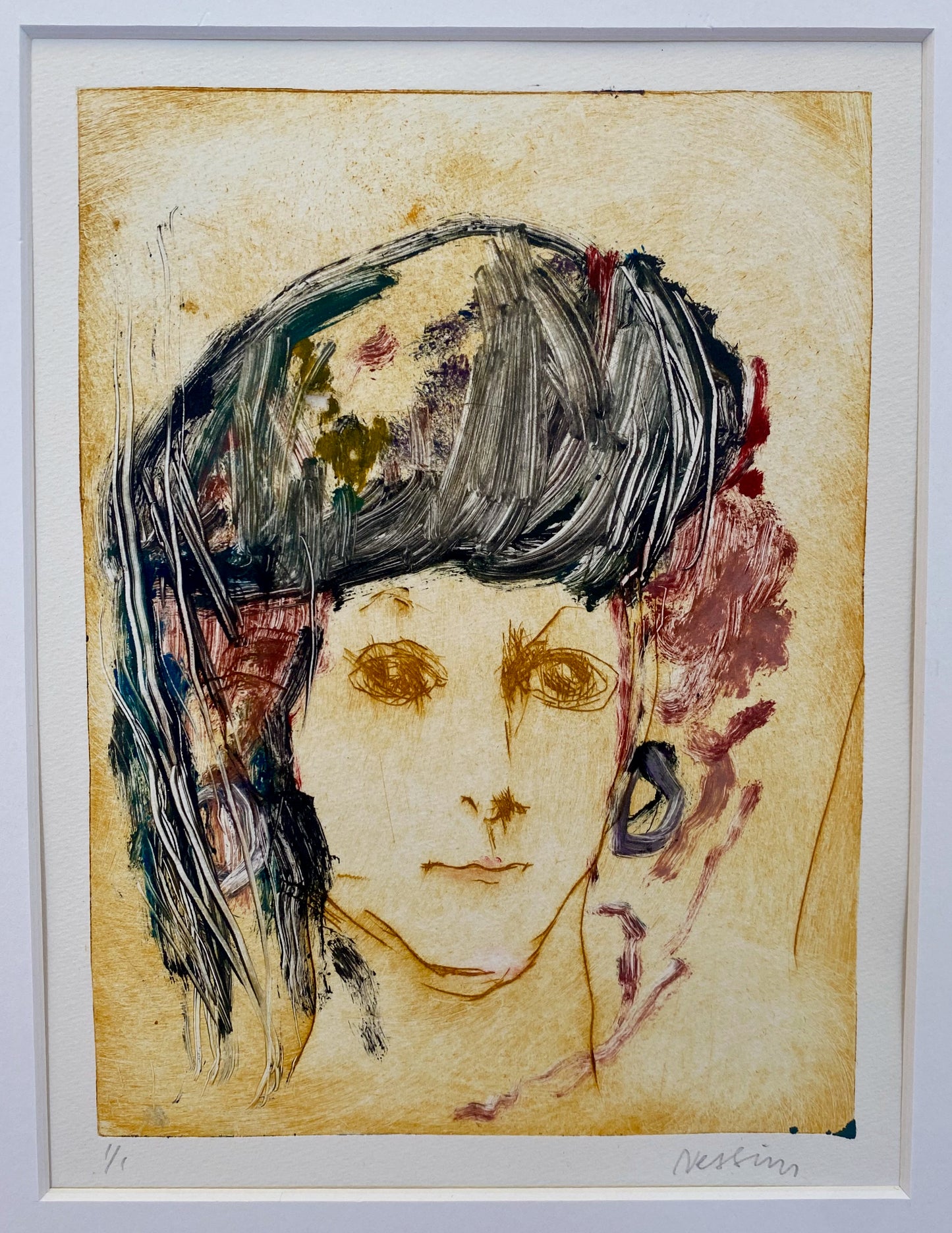 Suzanne Nessim - Flicka med föränderlig huvudbonad V, torrnål och monotypi