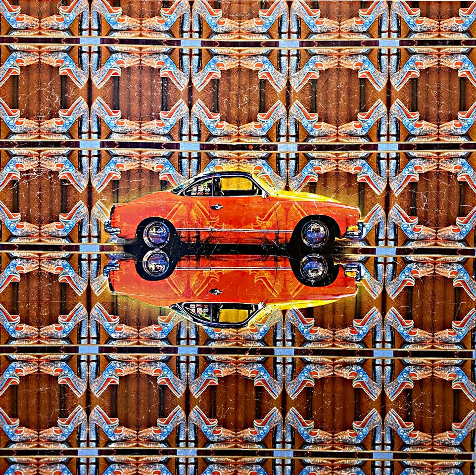 Maria Larkman - High heels and Hot wheels 1, Lacollage on canvas